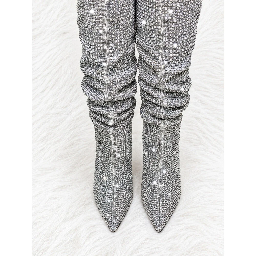 NIB Envy Pewter Gray Rhinestone High Heel Stiletto Slouch Below Knee Boots_4